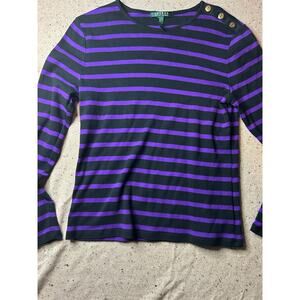 Lauren Ralph Lauren Black & Purple Striped Top Gold Button Shoulder Women’s XL